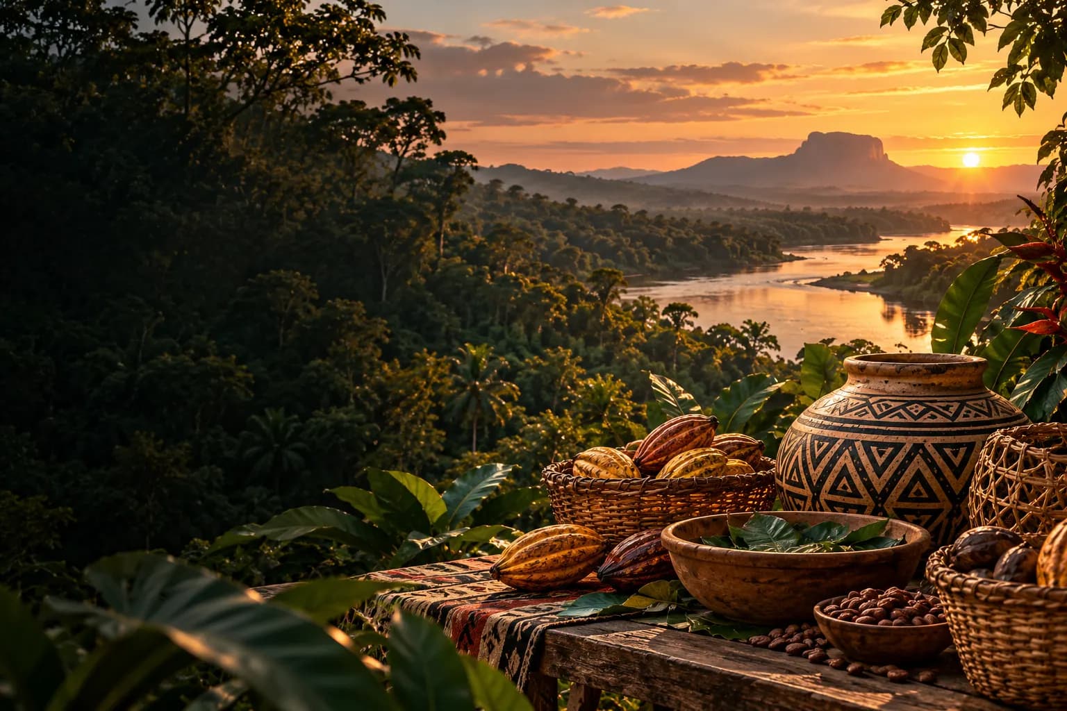 Pôr do sol sobre o Monte Pascoal e um rio na Mata Atlântica; em primeiro plano, um pote de cerâmica com grafismos, cestos de palha e frutos de cacau.
