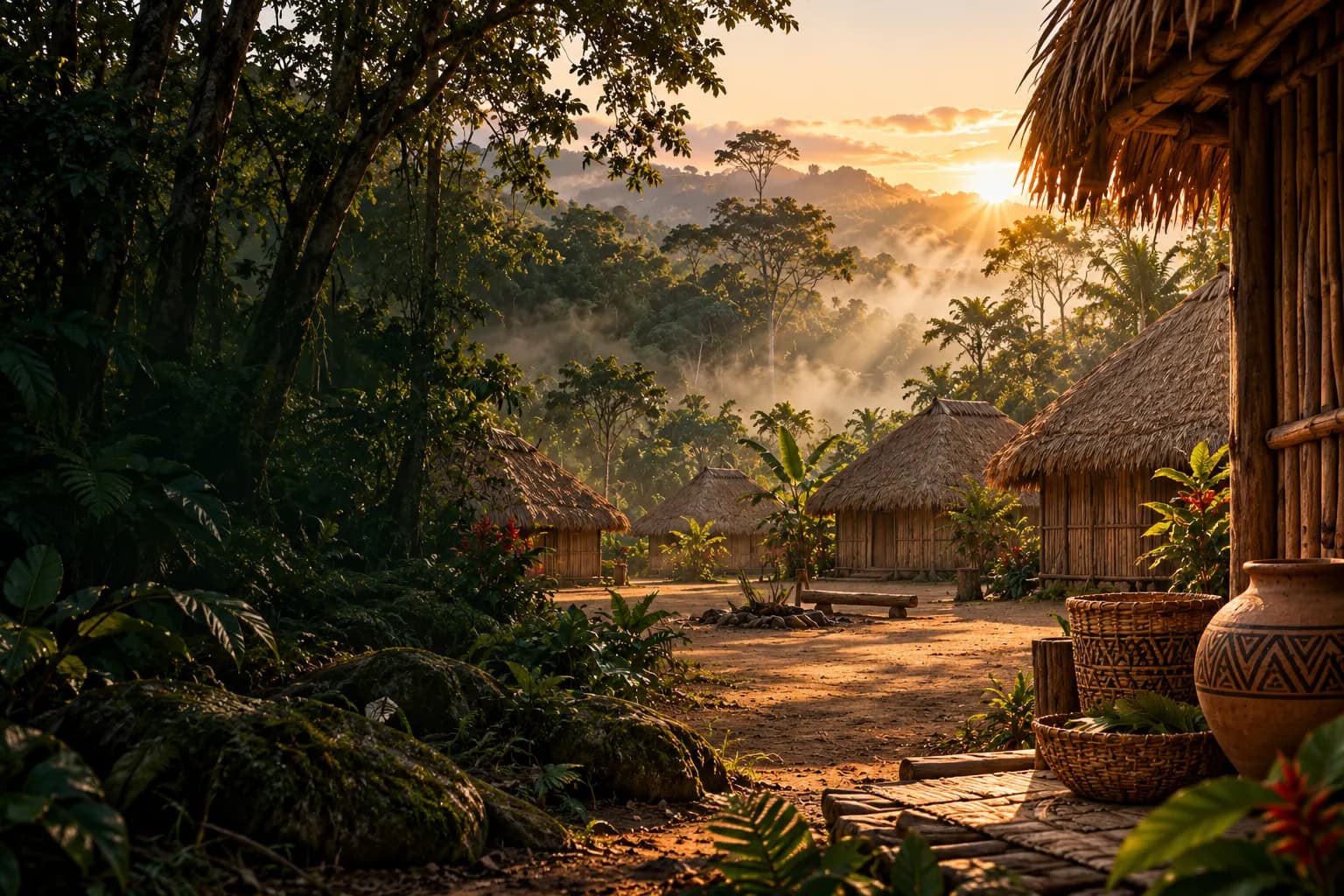 Aldeia ao amanhecer, com casas de palha entre árvores altas e névoa leve.