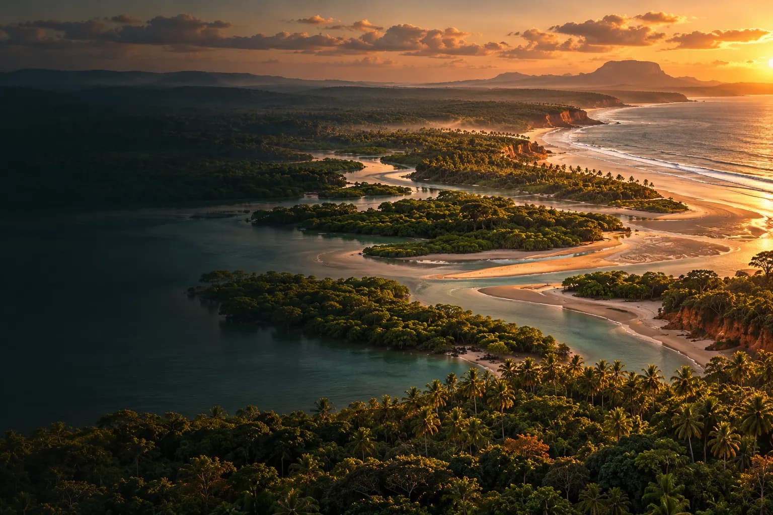 Vista do alto de um rio encontrando o mar no Extremo Sul da Bahia, entre mangue, coqueiros e falésias.
